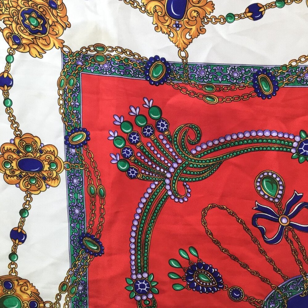 Women's Colorful Vintage Large Square Scarf Jewels Christmas Colors Retro 1980s - Picture 7 of 14
